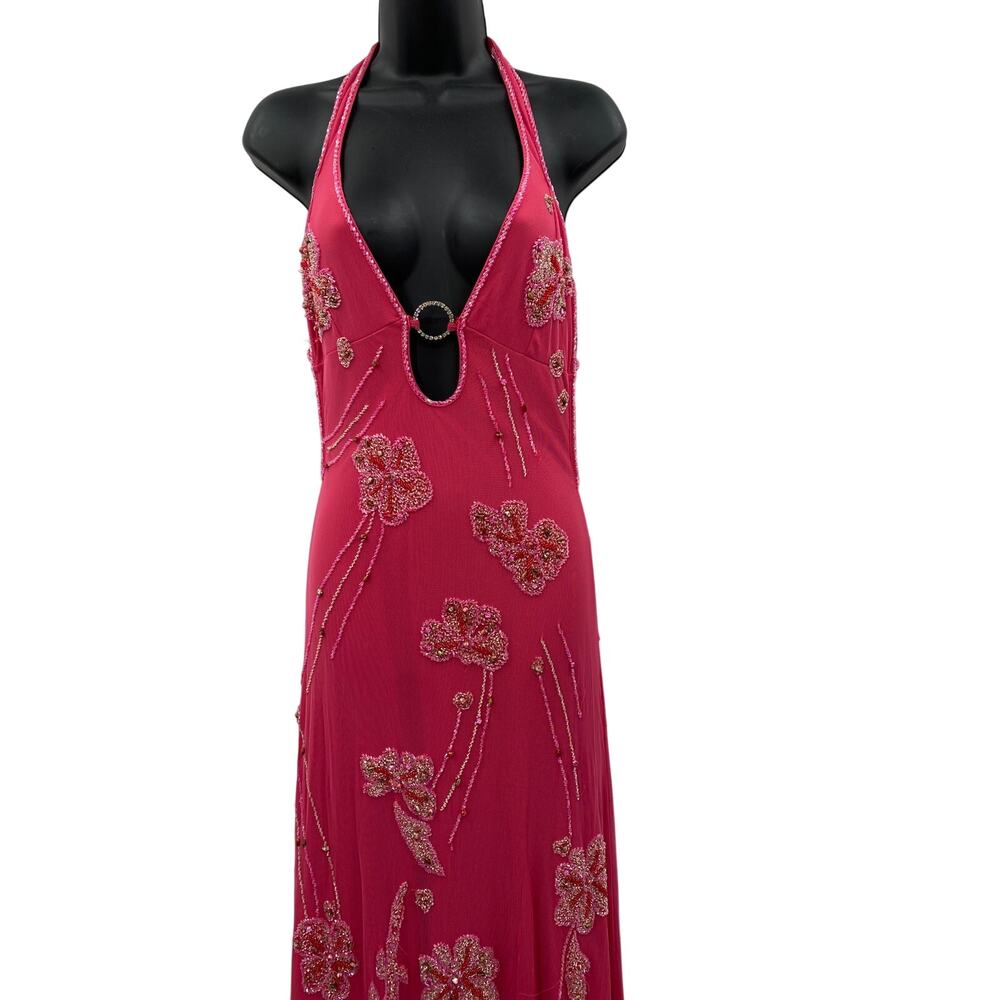 Vintage Y2K hot pink halter beaded sequin gown - Picture 2 of 4